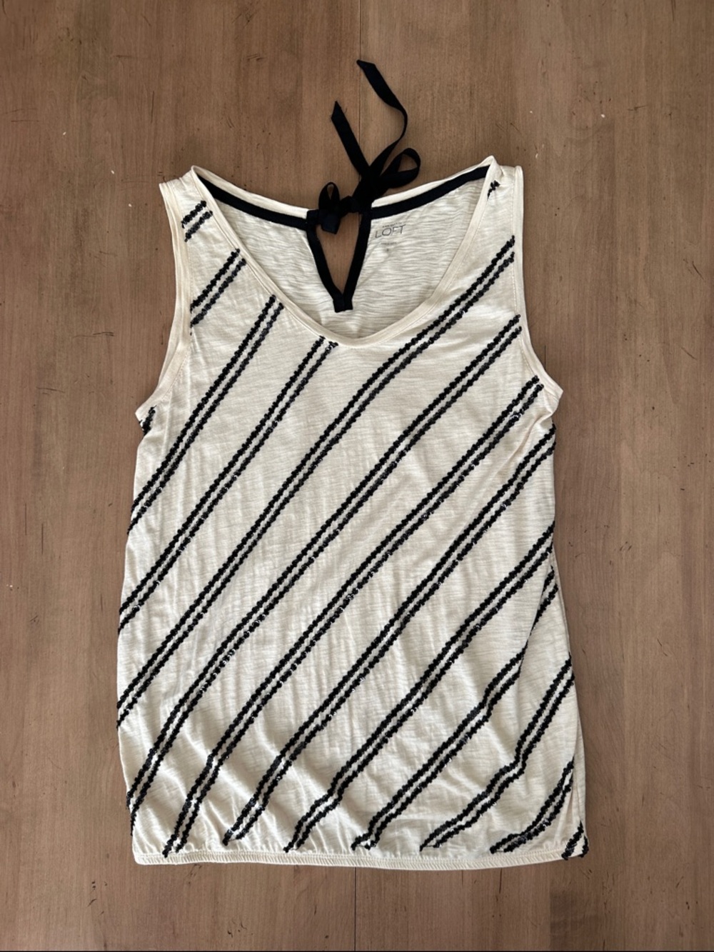 LOFT Cream Tank Top with Black Diagonal Stripes and Tie Back